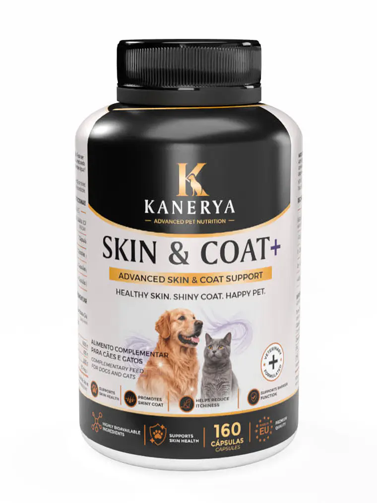 Kanerya Skin & Coat+ suplemento de ómega-3 para pele e pelagem de cães – 160 cápsulas